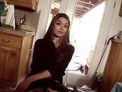 Skinny girl strips down and plays with a hard black cock