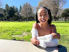 Petite ebony Freya Kennedy gets a messy facial in public