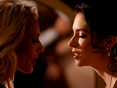 Sexy pornstars in stockings and lingerie indulge in erotic lesbian play