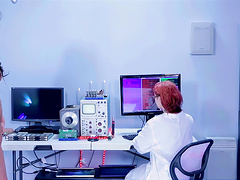 Brunette chick with nice boobs sucking her doctor's dick