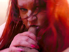 Bbw with natural tits gets a sloppy blowjob and handjob