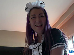 Lily Adams with pink hair enjoys while sucking a hard penis