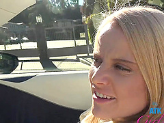 Skinny blonde rides in cowgirl pov