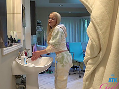 Skinny blonde rides in cowgirl pov