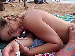 Pov beach walk turns into steamy teen threesome