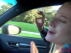 Paris White enjoys while getting pleasured in the car - POV