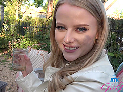 Blonde teen Paris White gets wild in a car pov