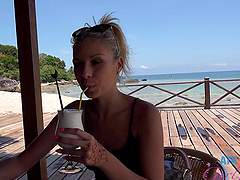 Carmen Caliente enjoys while teasing her boyfriend on the beach