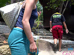 Carmen Caliente enjoys while teasing her boyfriend on the beach