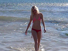 Slender blonde Chloe Foster drops her red bikini to tease. HD