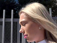 Blonde babe in a miniskirt gets her pussy pounded hard