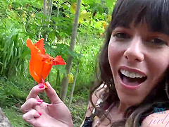 Brunette Vera King moans while being fingered outdoors - POV