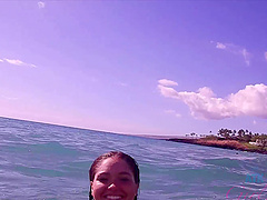 Petite brunette Zoe Bloom in glasses, enjoying the beach in a bikini