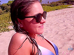 Petite brunette Zoe Bloom in glasses, enjoying the beach in a bikini