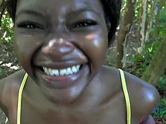 Ebony amateur Noemie Bilas drops her clothes to show her pussy