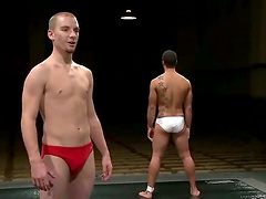 Two sporty guys fight and then drill each others asses