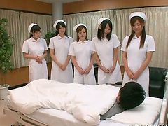 Five Hot Japanese Nurses Pleasing a Patient's Dick in Hospital Room