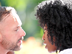 Horny ebony Nicole Kitt drops her bikini to ride a white dick