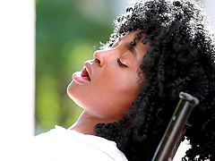 Horny ebony Nicole Kitt drops her bikini to ride a white dick