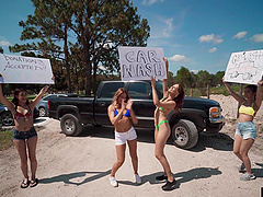 Public sex in the backyard with a bikini-clad beauty