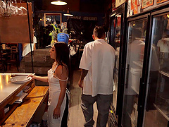 Cum loving coworker Violet Gems drops on her knees to blow lot of rods