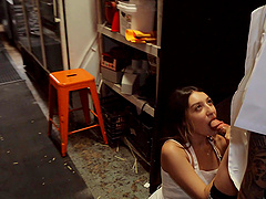 Cum loving coworker Violet Gems drops on her knees to blow lot of rods