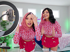 Wild lesbian pussy eating leads to a 3-way. Jazmin and Bella