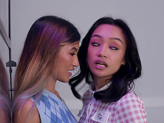 Cute and shy girls Clara Trinity and Jade Kimiko pleasure each other