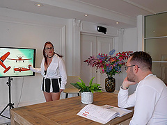 A man with big natural tits fucks his girlfriend in leather