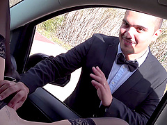 Redhead milf gets her pussy pounded in the car