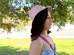 Curvy brunette Ava Davis takes a mouthful of cum in doggystyle