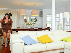 Tattooed latina with fake tits gives a sloppy blowjob