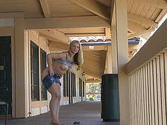 Blonde bombshell Sarah flaunts her fake tits in sexy solo session