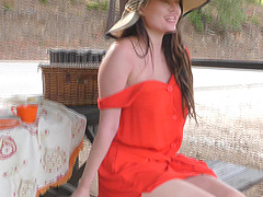 Brunette babe Gabriella pleasures herself outdoors with toys