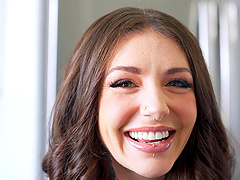 Backstage encounter with busty brunette in shorts