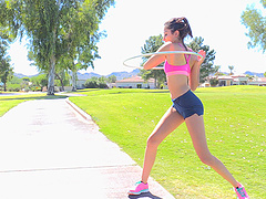 Skinny brunette Roxanna gets naughty in public