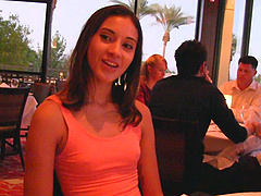 Slim brunette Roxanna shows off her skills in a public backstage solo session