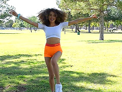 Skinny ebony Cecilia's solo sports-themed masturbation session