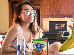 Solo girl with natural tits Sawyer shows off her skinny body