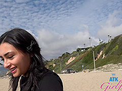 Latina beauty Vanessa Moon gets naughty in the car during a sunny day at the beach