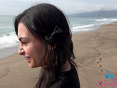 Latina beauty Vanessa Moon gets naughty in the car during a sunny day at the beach