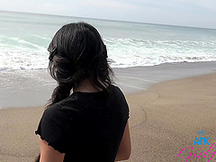 Latina beauty Vanessa Moon gets naughty in the car during a sunny day at the beach