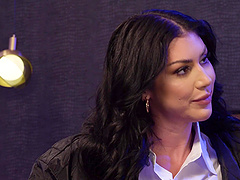 Busty milf Queenie Sateen strips and flaunts her big natural tits