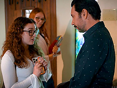 Curvy brunette Leana Lovings gives a sloppy blowjob before doggystyle sex