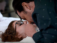 Curvy brunette Leana Lovings gives a sloppy blowjob before doggystyle sex