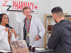 Brunette pornstar rides big cock in doggystyle