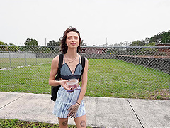 Pov video of a skinny brunette giving a blowjob