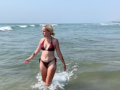 Hot brunette gives a sloppy blowjob and takes a cumshot on her tits