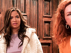 Steamy kitchen threesome with natural tits and hot blowjobs