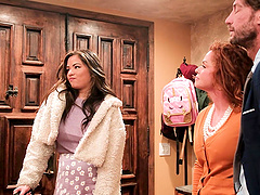 Steamy kitchen threesome with natural tits and hot blowjobs